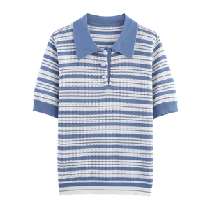 Polo en maille rayée bleu et blanc pour femme avec manches courtes et col classique