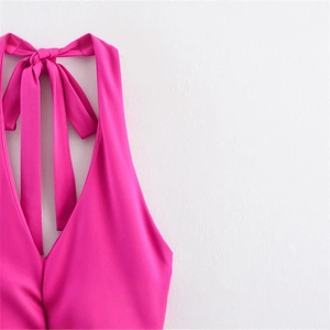 Slim fit rose red halter neck top with deep V-neckline and high elasticity fabric