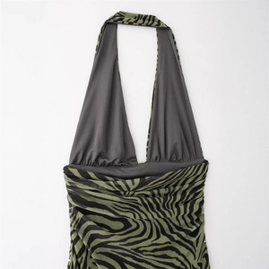 Sexy halter neck dress with deep V-neck and ruched zebra print mesh fabric for women