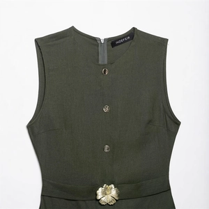 Slim fit olive green sleeveless dress with matching belt and gold floral buckle