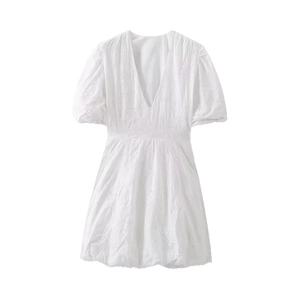 White mini dress with deep V-neck lantern sleeves and delicate floral embroidery details