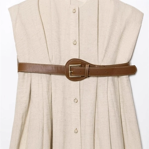 Minimalist beige linen dress with button front and brown leather belt waist detail
