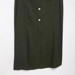 Deep green slim fit midi skirt with decorative metal buttons and functional side pockets