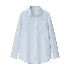 Women's light blue striped long sleeve shirt with lace trim and lapel collar