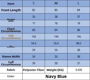 Size guide table for V-neck blazer with shoulder pads in navy blue polyester fabric