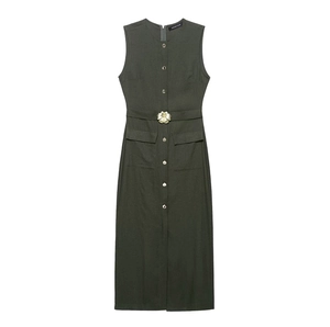 Slim fit dark green sleeveless midi dress with gold floral buckle and button detail
