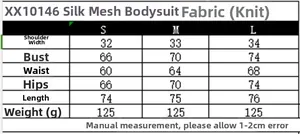 Detailed size chart for pink mesh bodysuit showing S, M, L measurements in centimeters