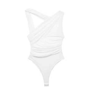 Detail of white asymmetric one-shoulder bodysuit with elegant ruched cross-over texture