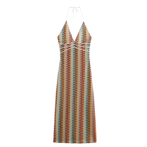 Women's crochet maxi dress with colorful wave patterns and a deep V-neck halter design