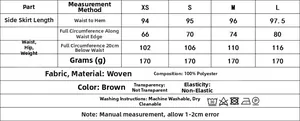 Size chart and fabric details for brown woven high-waisted skirt and top set
