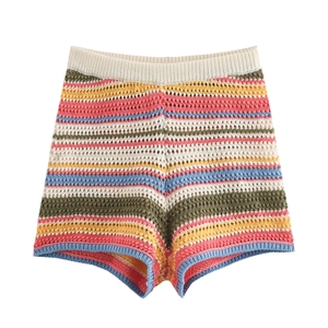 Detail of high-waisted crochet shorts with colorful bohemian stripes and hollow texture