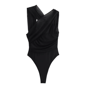Detail of black mesh bodysuit featuring a sexy criss-cross wrap front and sheer panels