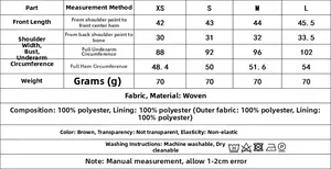 Detailed size chart for brown 100% polyester tank top and high waist skirt set
