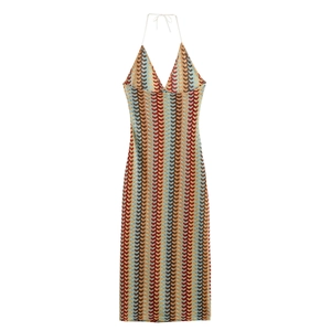 Bohemian colorful crochet halter maxi dress with wave pattern for summer vacation