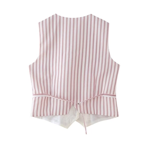Back view of a pink striped vest featuring a cinch back belt and symmetrical split hemline