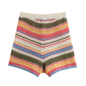 Detail of high-waisted crochet shorts with colorful V-shaped wave stripes and elastic band