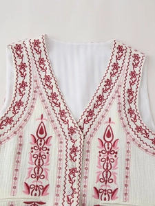Vintage cream V-neck vest with red floral embroidery and three buttons in front