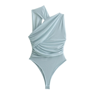 Detail of ruched asymmetrical one-shoulder light blue bodysuit with draped fabric