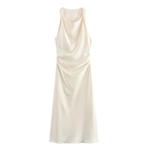 Elegant ivory satin cowl neck sleeveless midi dress with draped silhouette for women