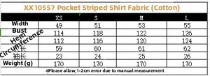 Detailed size chart for women striped poplin shirt with shoulder and bust measurements