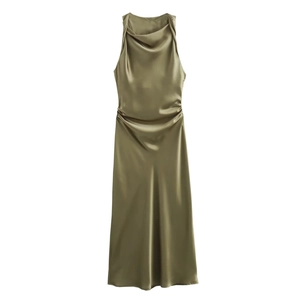 Olive green satin sleeveless dress with cowl neck and elegant draped silhouette