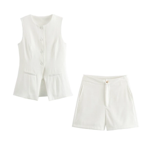 Detailed view of the button-up vest and shorts set in premium white suit fabric