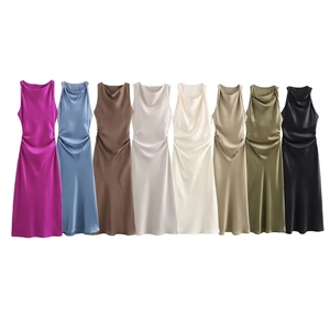 Elegant sleeveless satin dresses in multiple colors featuring cowl neck and waist pleats