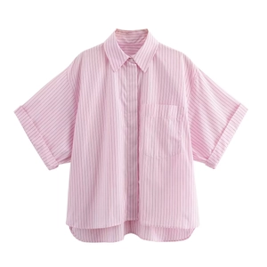 Close-up of pink striped short sleeve shirt featuring drop shoulders and button-down collar