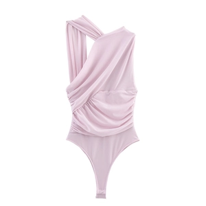 Detail shot of the pink draped fabric and one-shoulder neck on this women bodysuit