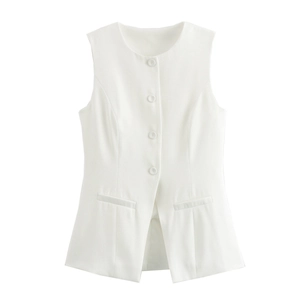 Elegant women's white sleeveless suit vest with front buttons and slim fit tailoring
