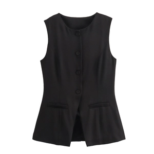 Detailed flat lay of a chic black single-breasted sleeveless vest with button accents