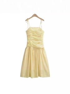 Women Summer Ruched Spaghetti Strap Midi Dress Elegant Pale Yellow Sleeveless Pleated A-Line Vacation Casual Party Dress