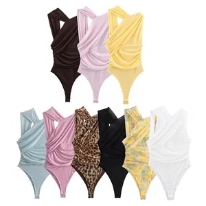 Women Sexy Ruched Bodysuit Asymmetric One Shoulder Sleeveless Mesh Knit Criss Cross Front Tight Jumpsuit Clubwear Party Top