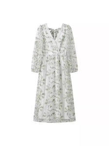 Robe Longue Élégante pour Femmes Col en V Broderie Florale Manches Longues Tulle Dentelle Taille Haute Dos Nu à Lacets