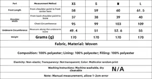 Detailed size chart for pink floral vest showing measurements for XS, S, M, and L sizes