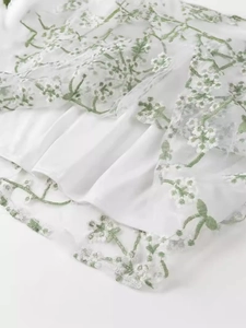 Vue détaillée de la broderie florale blanche sur une robe longue d'été à manches longues
