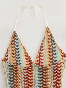 Women's V-neck crochet halter top with colorful wavy pattern and adjustable white ties