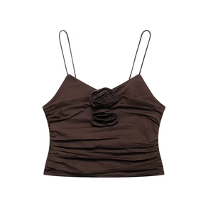 Detail of coffee brown camisole featuring 3D handmade roses and pleated texture fabric