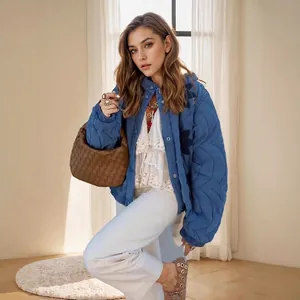 Veste Matelassée à Col Montant pour Femme Brodée à Manches Longues Manteau Rembourré Streetwear Décontracté