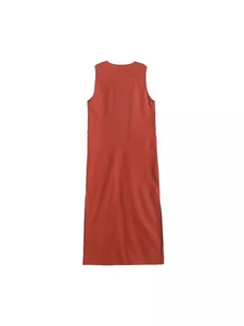 Elegant sleeveless brick red maxi dress with minimalist V-neck and side slit design