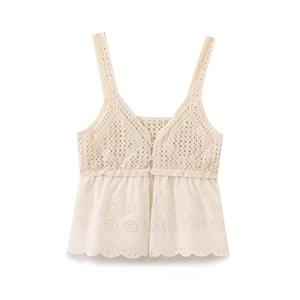 Detail of French V-neck crochet lace camisole with floral embroidery and scalloped hem