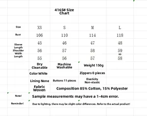 Detailed size chart for white embroidery hollow shirt with fabric and care instructions