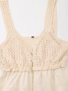 French style V-neck hollow out embroidery camisole in beige white with button details