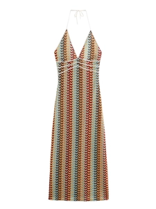 Women Bohemian Crochet Halter Maxi Dress Sexy V Neck Backless Zigzag Striped Knit Bodycon Party Beach Long Dress