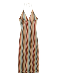 Bohemian knit halter midi dress with colorful chevron patterns and a deep V-neckline