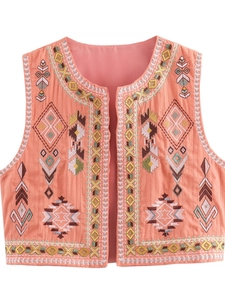 Boho Ethnisch Geometrische Stickerei Ärmellose Weste Für Damen Y2K Streetwear Offene Front Korallenrosa Grau Crop Top Weste