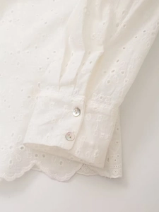 White French-style cotton shirt featuring delicate eyelet embroidery and scalloped cuffs