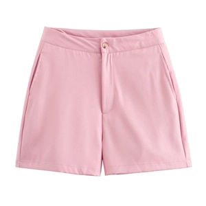 Women's summer pink high-waisted shorts with a sleek button closure and side pockets