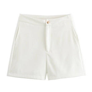 Women's summer white wide-leg shorts with single button closure and side pockets