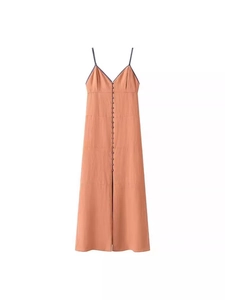 Women V Neck Backless Cami Maxi Dress Sleeveless Contrast Binding Decorative Buttons Summer Vacation Casual A-Line Dress